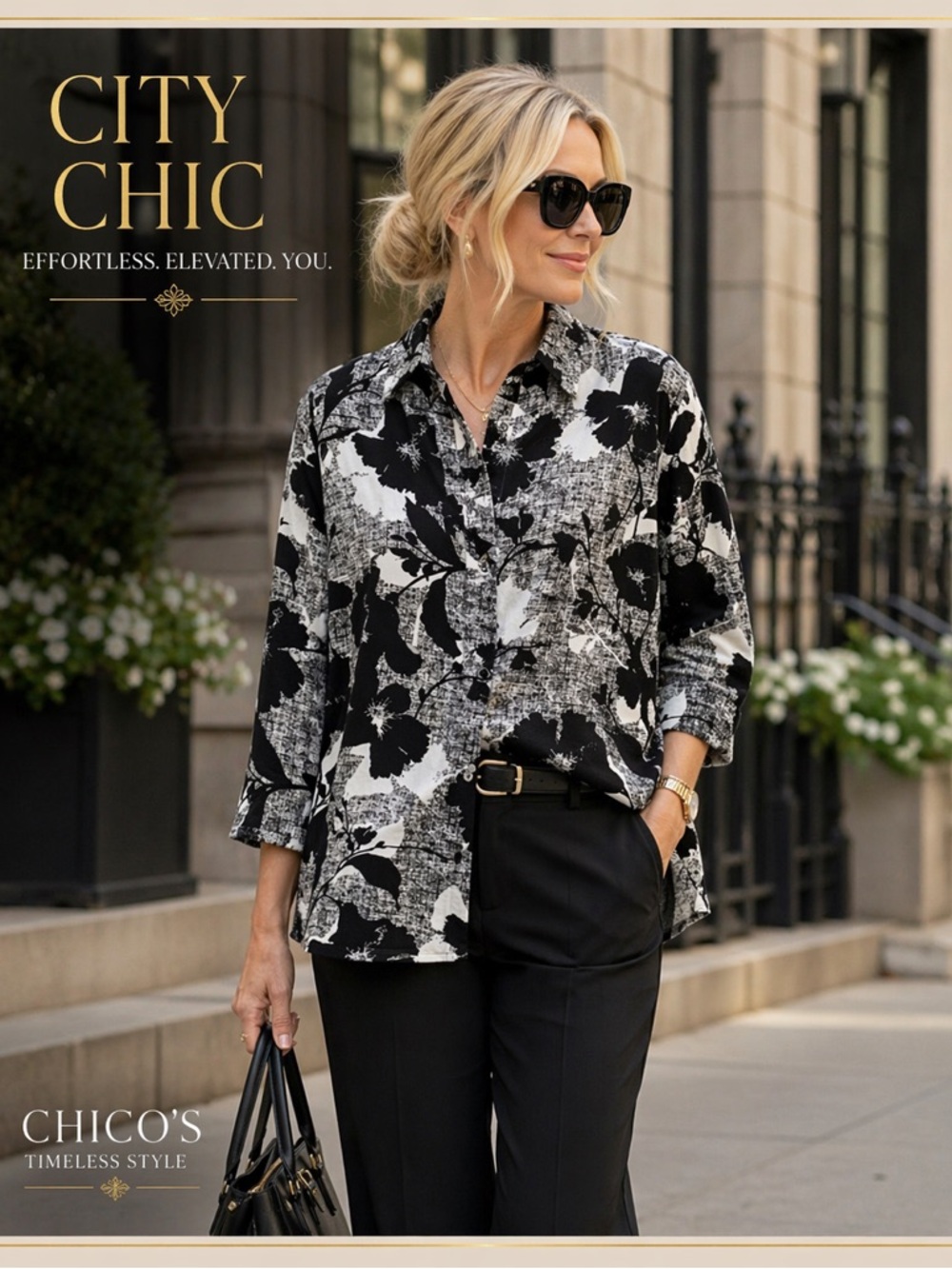 Chico’s Black & White Floral Button Down ✨ City Chic Luxe Boxy Blouse Effortless